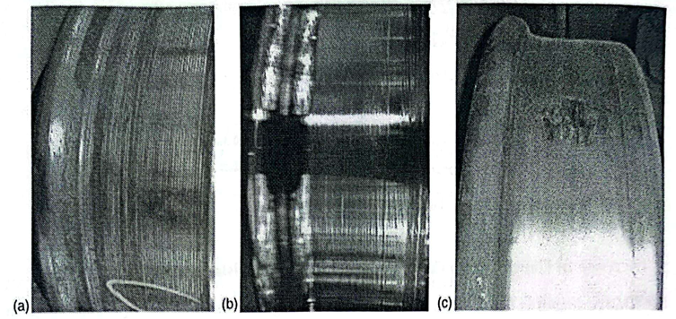 مقایسه زبری سطح چرخ. (الف) سطح چرخ پس از ماشین فرز، (ب) سطح چرخ پس از ماشین نوع تراش، (ج) سطح پشت چرخ از عملیات با یک قسمت صاف.